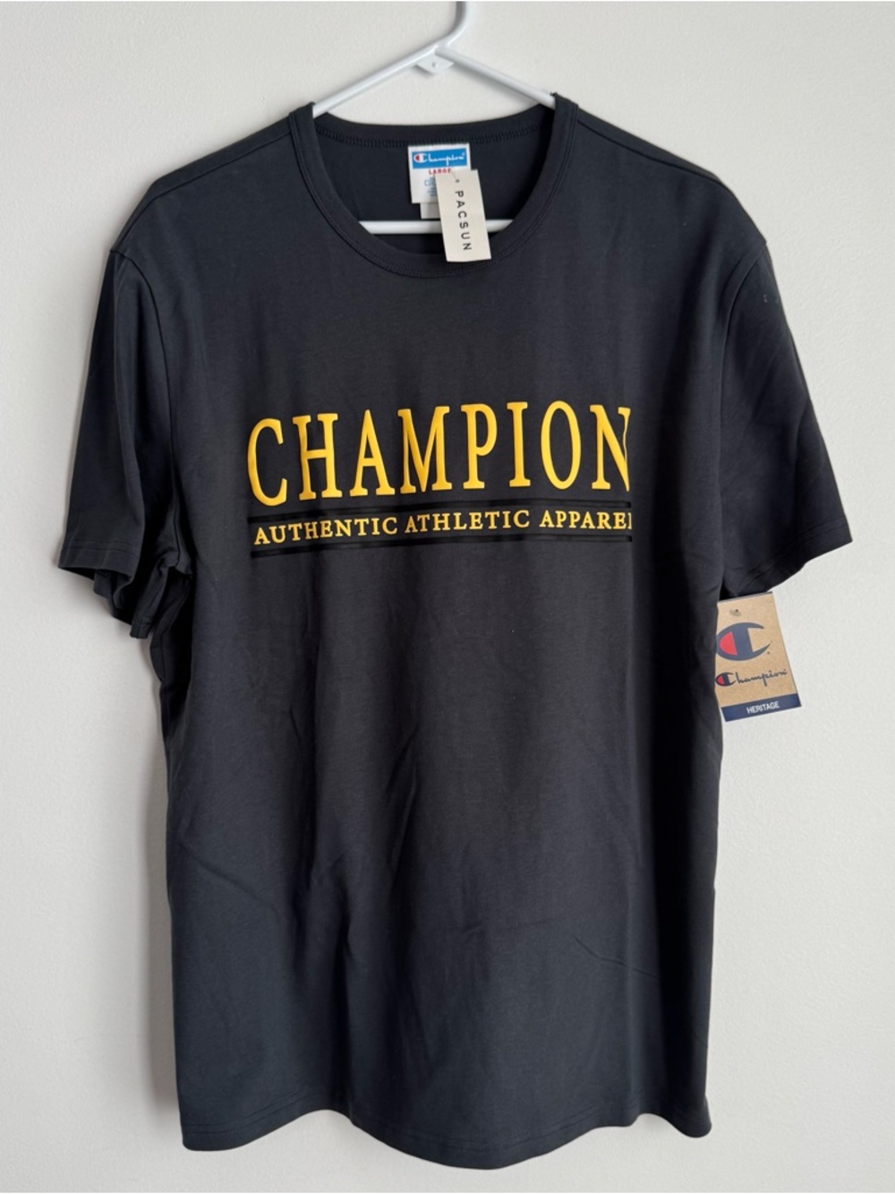 Champion Men's Black Graphic Logo Tee - Yellow Print